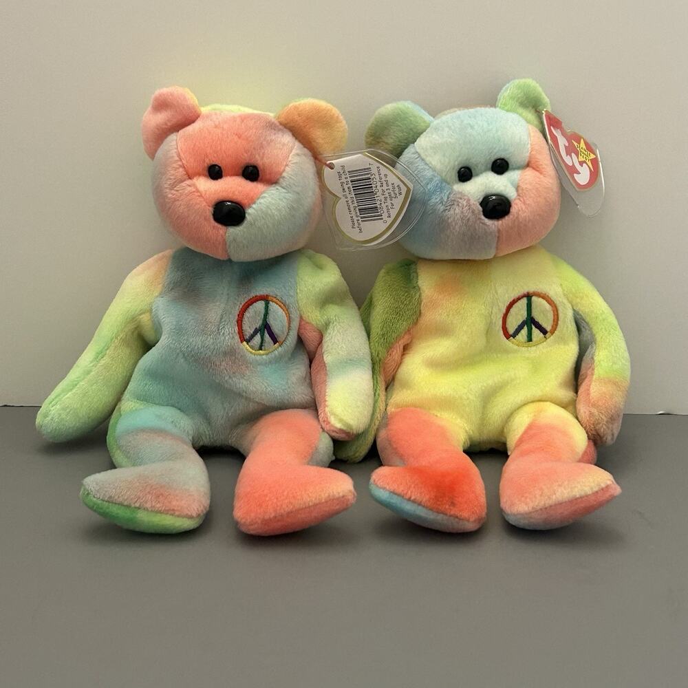 TY Beanie Babies Peace Tie-Dye Bear Plush w/Tags 1996 PVC Pellets Lot of 2 VTG